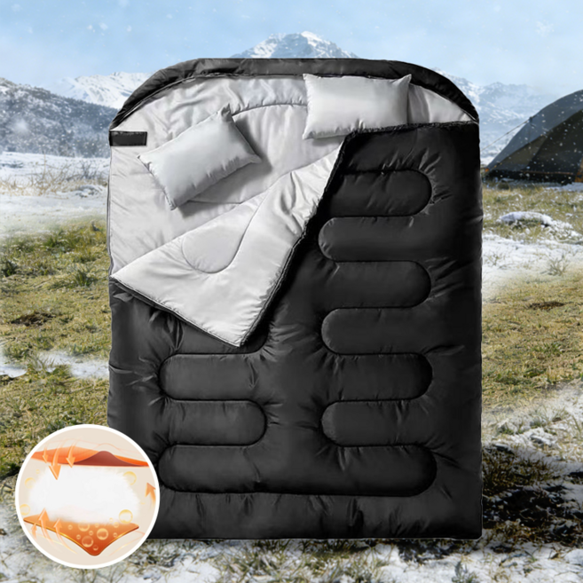 2인 침낭 커플 침낭 캠핑용품 가을 겨울 동계 사계절 방수 경량 백패킹 3000G 캠핑 차박 침낭 베개 2개포함 + 수납가방, 1개, 블랙