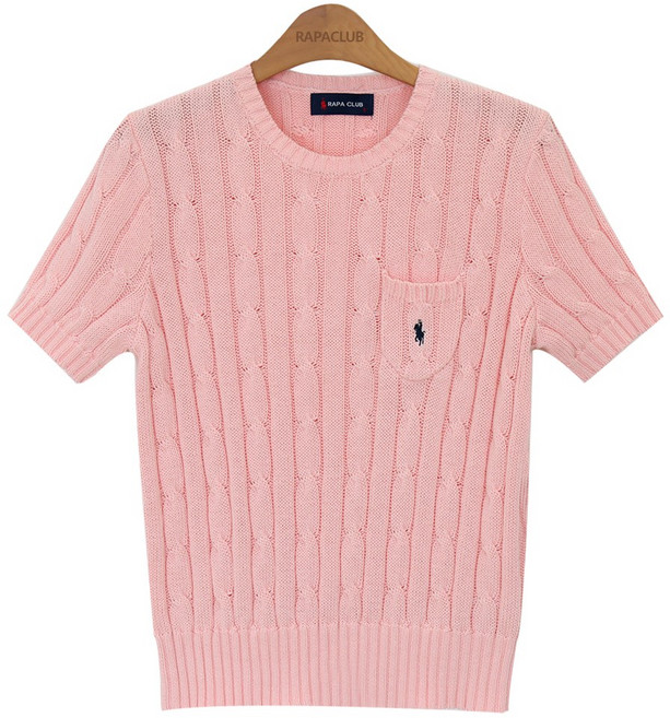 라파클럽 여성 포켓 케이블 꽈배기 면 100% 반팔 여름 니트 스웨터