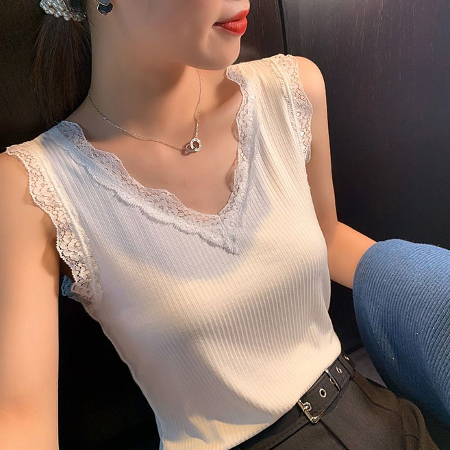 메인워크 여성 빅사이즈 브이넥 나시 티셔츠 봄가을 니트 레이스 나시 민소매 기질 고급 스판 캐주얼 패션 이너웨어 정장 솔리드 상의