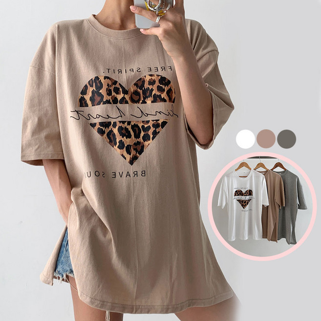 어반벨 호피 하트 포인트 여성 반팔 롱 티셔츠