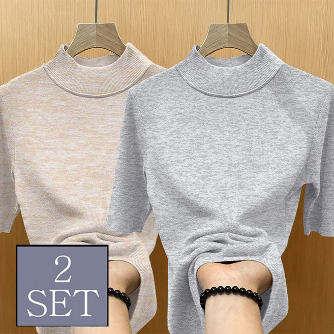 ROYALBELLE 2장묶음 여성 반폴라 슬림핏 5부소매 이너 니트 데일리 심플 편안한 티셔츠 S0111609