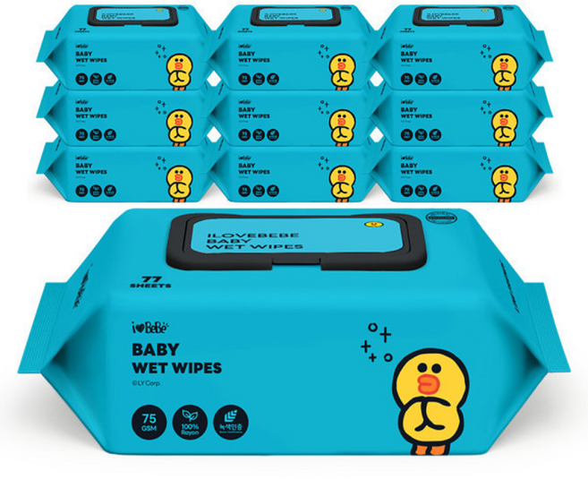 아이러브베베 라인프렌즈 드림에디션 생분해원단 샐리 77매 75g 10팩 캡형 아기물티슈, 10개