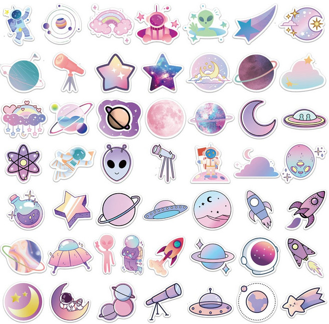 걸스코코 50장세트 퍼플우주 행성 외계인 스티커 캐리어 노트북 폰꾸 다꾸 조각스티커팩, 혼합색상