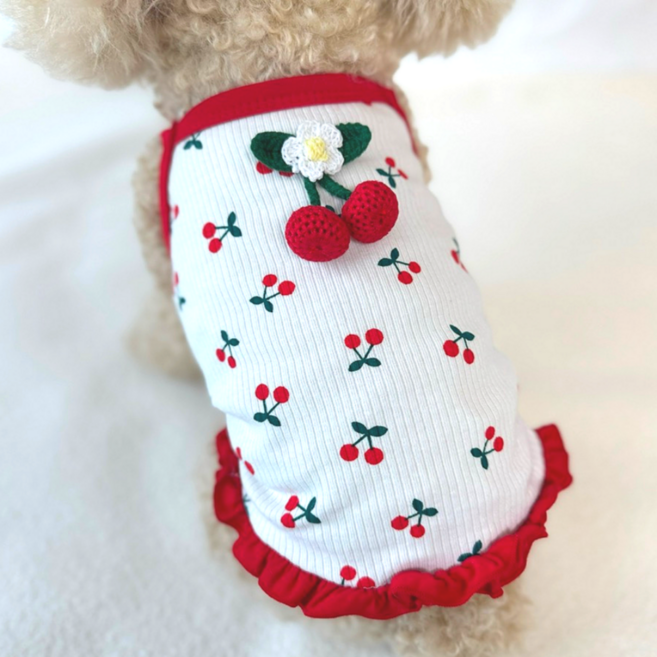 큐앤캐롯 강아지 나시 티셔츠 귀여운 체리 강아지옷, 1개, 화이트