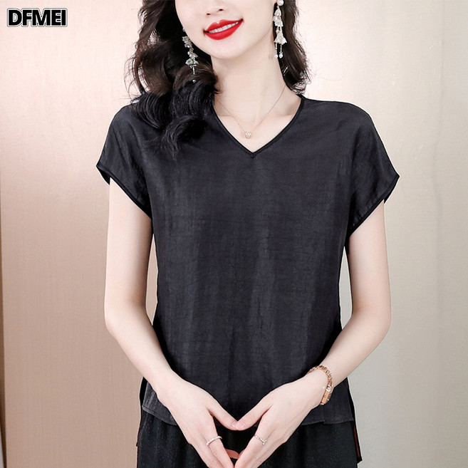DFMEI 正宗龜紋真絲香雲紗上衣女夏季涼快V領顯臉小桑蠶絲小衫