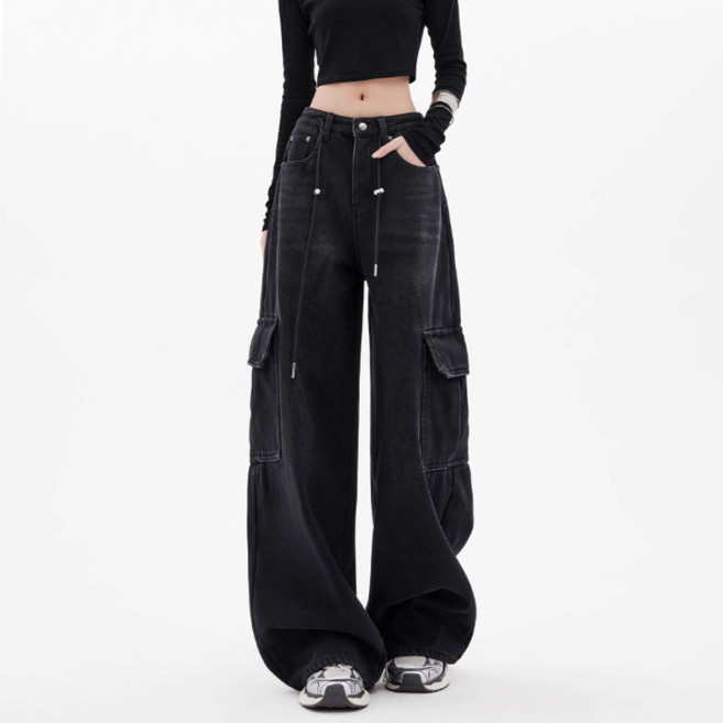 SAHINER 여성 와이드 카고 데님 팬츠 스트릿 루즈핏 봄바지 ANZ81