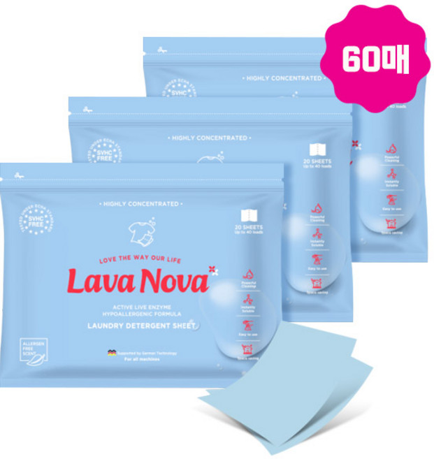 라바노바 고농축 시트형 겸용 세탁세제, 20개입, 3개