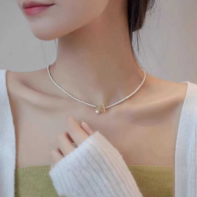 비비드칙 14KGF 밥풀 천연 진주 925은 체인 데일리 목걸이