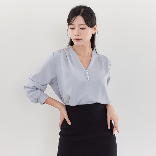 더웨이나인 여성 쉬폰 블라우스 V넥 긴팔 정장 셔츠 진주 레오피