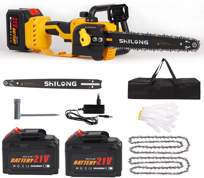 SHILONG 30cm 초고속 무선 전기톱 BLDC 고출력 전기톱 체인톱 6000mAh 배터리2개 풀세트+2개의 체인, 1세트