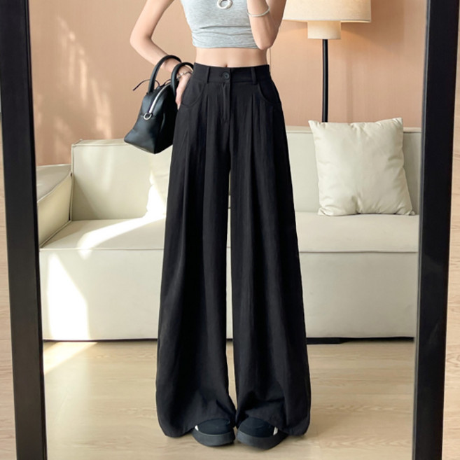 네모엔룩 피치스킨와이드 여성용 롱다리 와이드핏 통바지 허리 뒷밴딩 포켓 핀턱 주름 슬랙스 롱 팬츠