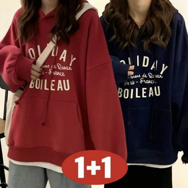 오스틱니 빅사이즈 1+1 루즈핏 프린트 여성 후드티 레터링 심플 포켓 bf 무지 간절기 캐릭터 이너 오버핏 코디 풀오버 캐주얼 패션 데일리 홀리데이 겨울 보온 기모 상의 맨투맨2P