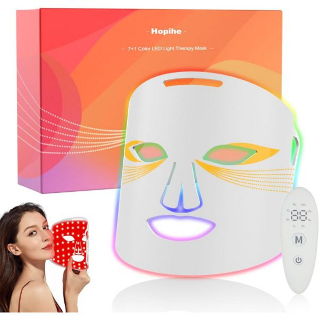 얼굴용 호피허 레드 라이트 테라피 마스크 7+1 컬러 LED 페이스 타이밍 이 있 850nm 근적외선 가정 여행용 충전식 휴대용 마스크(화이트), White, 1개