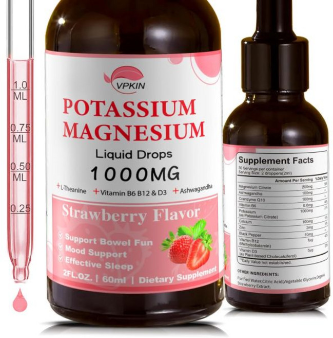Potassium Magnesium Citrate Supplement Magnesium Liquid Drops 1000mg with Magnesium Glycinate Sup, Strawberry, 1개