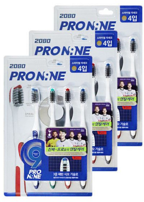 애경 2080 프로나인 칫솔 스파이럴 미세모 4입 3개 양치, 4개입