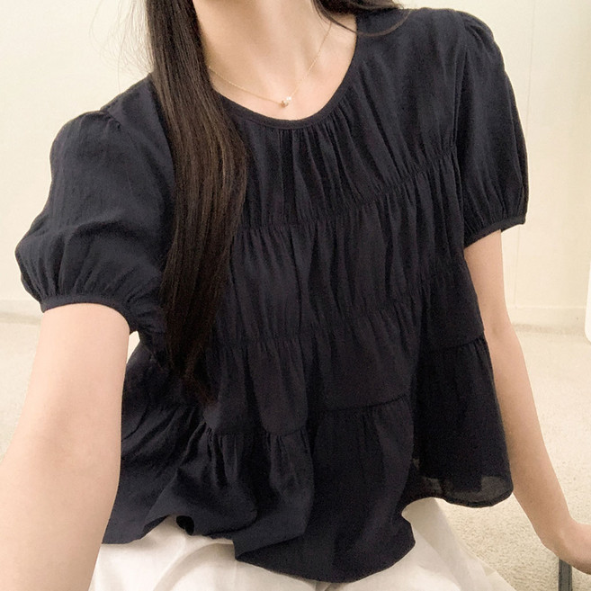 S~XL사이즈 여성 여리 러블리 퍼프 셔링 주름 밴딩 반팔 블라우스 빅사이즈 하객룩