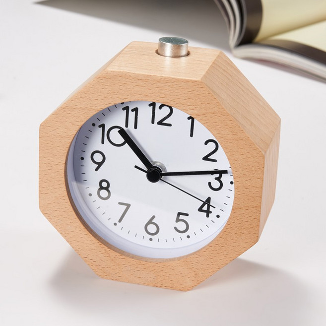 미니탁상시계 인테리어 크리 에이 티브 너도밤 나무 단단한 알람 시계 빛나는 침묵 침실 머리맡 시계 졸린 게으른 학생 단단한 나무 작은 알람 시계, D.너도밤나무색 팔각형  배터리