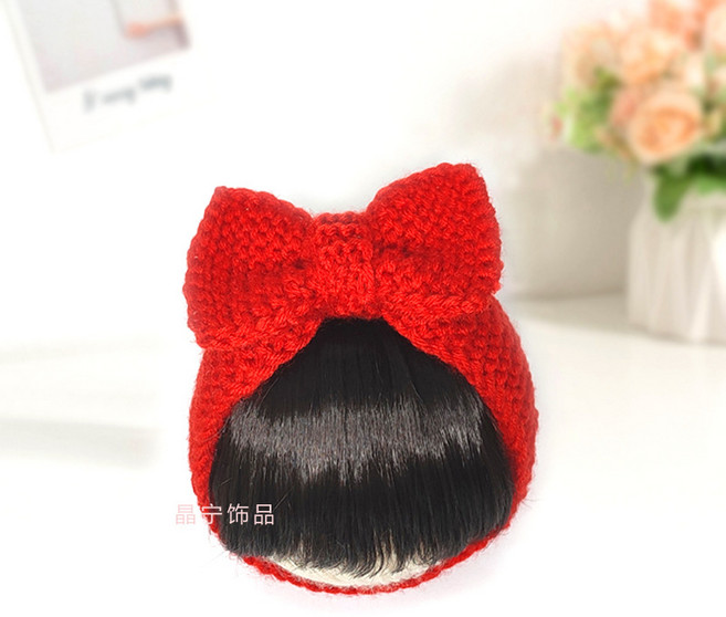 한국판 패션헤어장식 러블리 여아 털실니트 리본 앞머리 가발끈 가을겨울 베이비 가발 모자, 레드_유아, 1개
