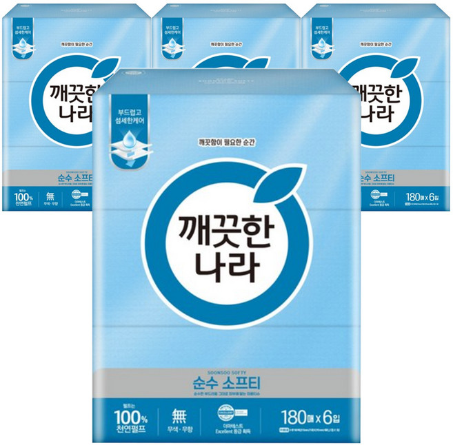 깨끗한나라 미용티슈 순수 소프티 180매 6입 4개