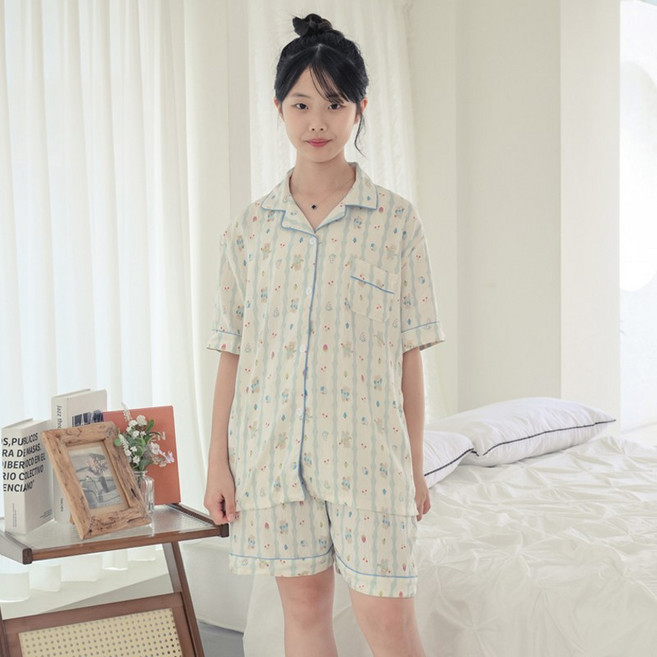 코코드림 여자 주니어 학생 곰체리 모던카라 홈웨어 반팔 셔츠 + 바지 세트 #PPY124