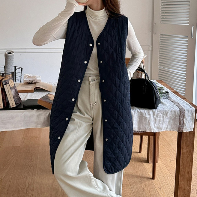 누빔 퀄팅 롱 조끼 여성 이너 데일리 브이넥 베스트