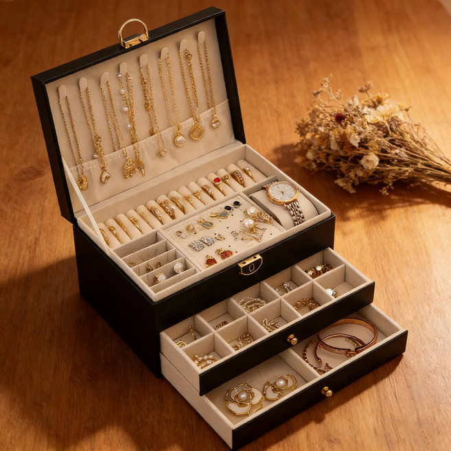 쥬얼리 박스 서랍식 3단 수납함, 1개, 블랙