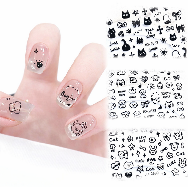 미룬토 귀여운 캐릭터 고양이 네일스티커 세트, 3개, 블랙