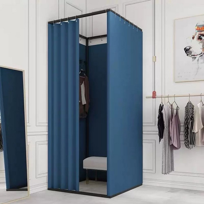 옷가게 탈의실 피팅룸 스탠드형 파티션 매장 의류 조립식 커튼 쇼핑몰 스튜디오 간이 이동식, 1개, N. 네이비 블루 린넨 벨벳 85x85x200