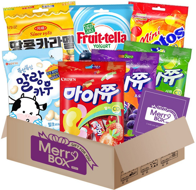 메리박스 츄잉캔디 7종 간식선물세트 말랑카우+멘토스(미니푸르티+후르트텔라)+츄파츕스젤리2종+마이쮸+땅콩카라멜+메세지카드, 72g, 1박스