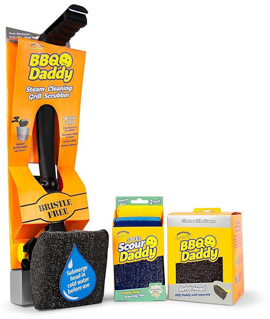 스크럽 대디 바비큐 그릴 클리너 키트 - 리필이 포함된 브리스틀 프리 브러시 + 스틸 스펀지 온도 제어 도구 그을린 빌드업 절단(4개), 1 BBQ Daddy + Refill + Scour D, 1개