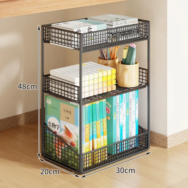 책과 학교 가방 책상 아래 보관 랙 아래에 바퀴가 모바일 사무실 책장 독립형 단순 스타일 금속 목재, 색상: 8. 검정색 3단 중간 사이즈 [바닥 설치형]