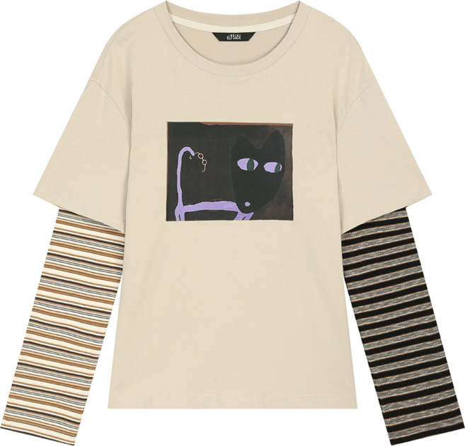 ELFSACK 여성 루즈핏 패치워크 스트라이프 티셔츠 - 투톤 블렌드 슬리브 오버사이즈 롱슬리브 데일리 캐주얼 스트리트 스타일