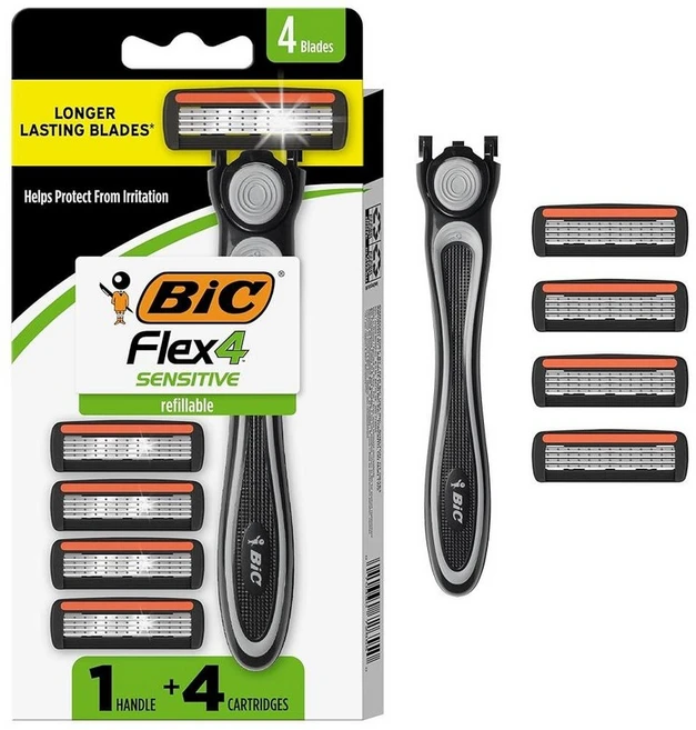 134217 BIC 플렉스 4 민감성 하이브리드 남성용 4중날 일회용 면도기 카트리지 4개 핸들 1개 피부를 자극으로부터 보호 - 쿠팡