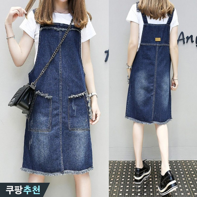 105kg까지 날씬해보이는 여성 수술 워싱 포켓 데님 멜빵 치마 원피스 봄 여름 핏 예쁜 슬림핏 어깨끈조절 큰옷 여성의류 xl4 xl3 블루 데일리 h라인 미디 연 청원피스