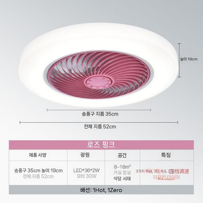 무소음 실링팬 천장형 화장실 거실 안전 선풍기 날개, H. 로즈 52CM+리모컨 80W
