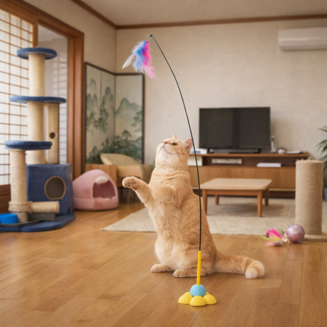 고양이 장난감 낚시대 혼자노는 회전형 고정 와이어 깃털 사냥놀이, 1개, 노란색