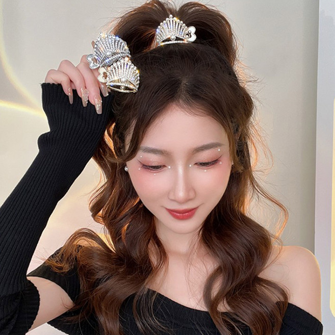 팬시온 왕관 하이 포니테일 큐빅 원형 집게핀 메탈 바렛 반묶음 삔