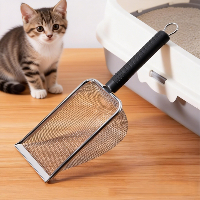고양이 모래 삽 똥 배변 스쿱 2in1 걸이형 스텐 모래삽 대형, 1개, 은색
