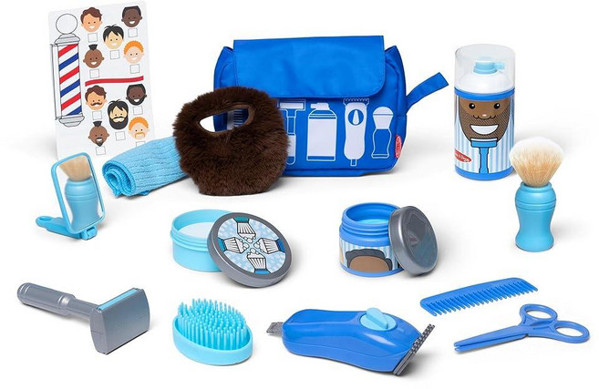 Melissa & Doug Barber Shop 아동용 역할 놀이 세트 16피스 - 면도 장난감 웨어러블 수염 및 그루밍 액세서리 - 만 3세 이상 남아 및 여아용 역할 놀이