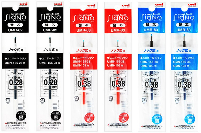 유니 시그노노크 리필 0.38mm 흑/청/적 세트, 1개, 0.38 흑색 2개 + 청색 2개 + 적색 2개