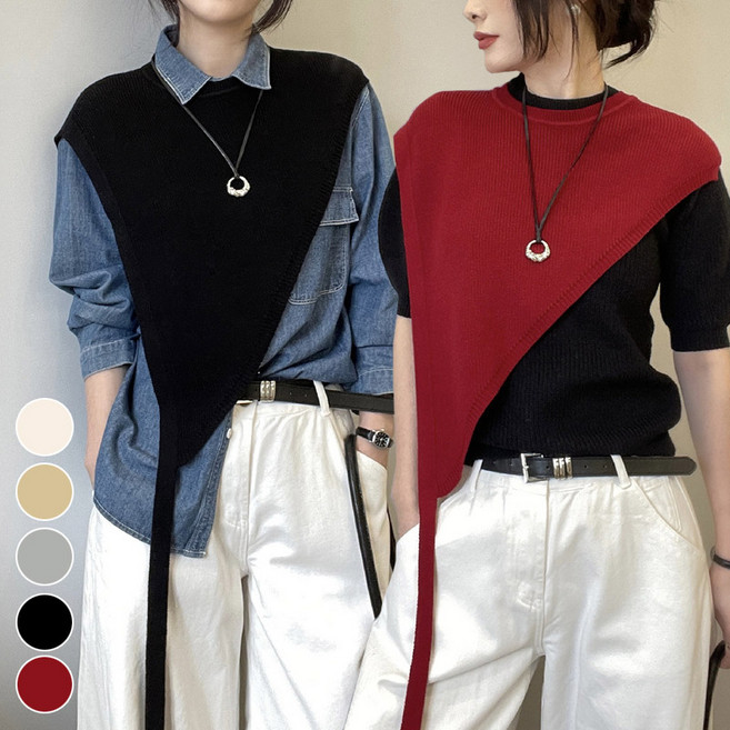 삼각 스트랩 가을 조끼형 니트 개성있는 케이프 베스트 사선