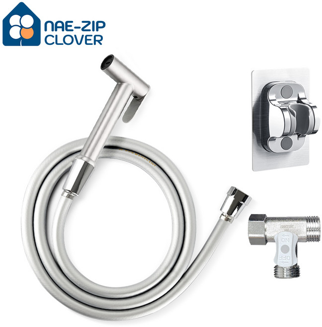 고정형스프레이건+물때방지샤워호스+접착식거치대+황동 T 밸브 세트, 2m, 고정형 실버