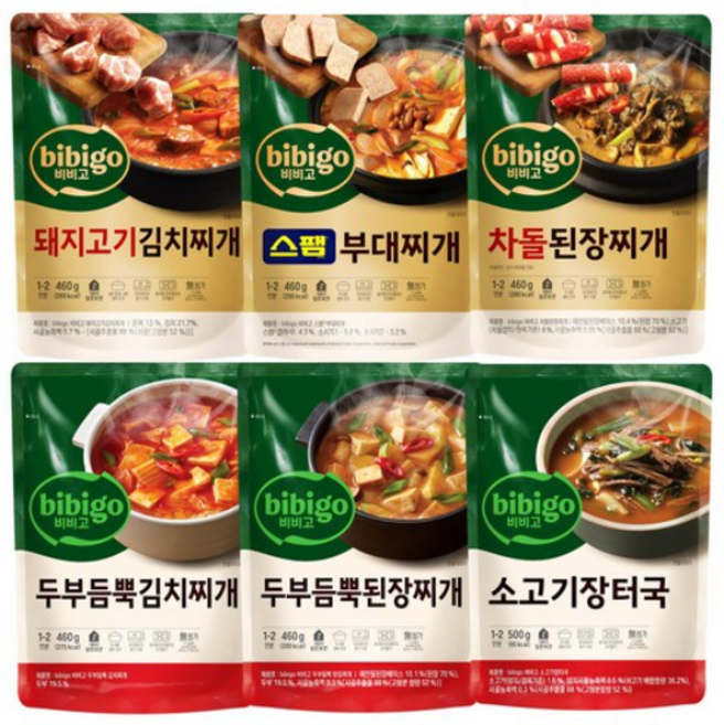 꾸리미 CJ 비비고 즉석 찌개 6종(스팸부대찌개+차돌된장찌개+돼지고기 김치찌개+두부김치찌개+소고기장터+된장찌개), 2세트, 500g