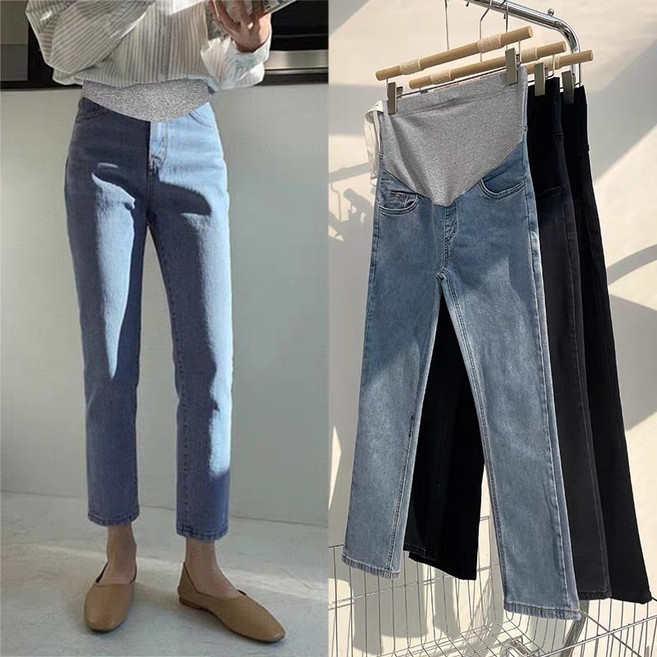 임산부 팬츠 봄 가을 하이웨이스트 청바지 기질 슬랙스 9부 일자 데님 팬츠 ZZL