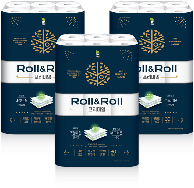 롤앤롤 프리미엄 화장지 3겹 30m 30롤 3팩 총 90롤, 3개