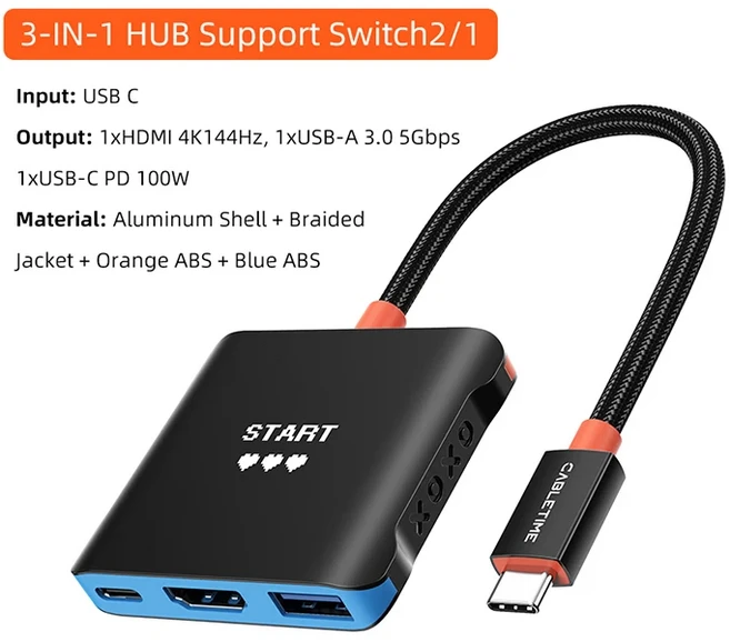 CABLETIME 3 IN 1 허브 4K144Hz PD100W 5 Gbps 알루미늄 쉘 지원 스위치 2/1 화웨이 태블릿 노트북용, 01 3 IN 1 HUB