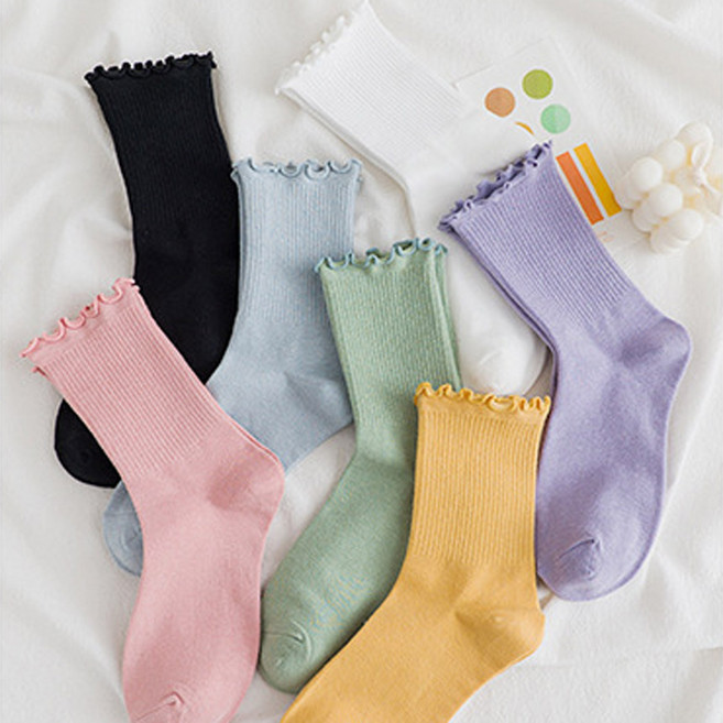 여성 학생 데일리 예쁜 파스텔 컬러풀 러플 프릴 골지 무지 장목 따뜻 양말 7종 세트 프릴컬러골지양말세트