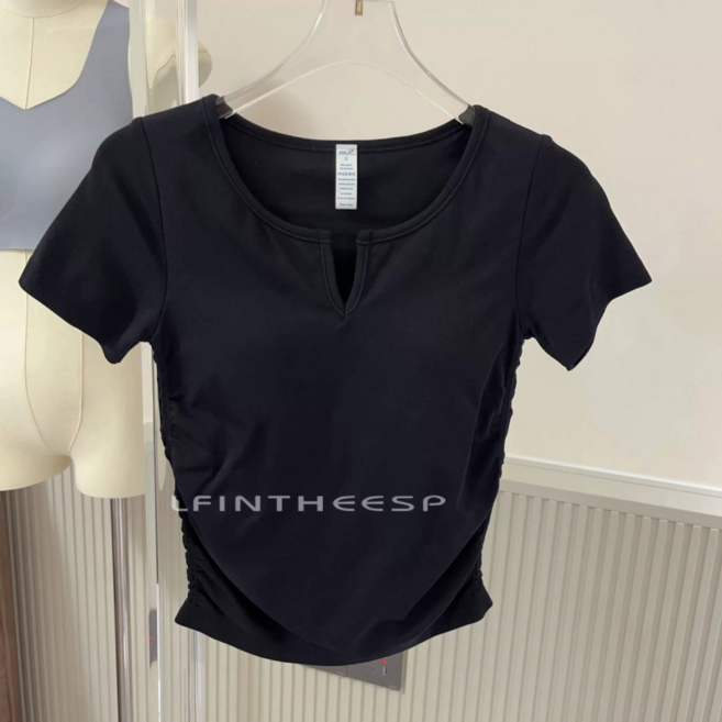 褶皺V領短袖健身上衣女 顯瘦無縫運動瑜伽服