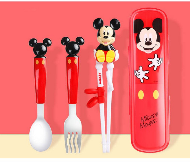 당일발송 디즈니정품 유아 어린이 수저세트 숟가락 젓가락 포크 휴대용 수저케이스, 1세트, 수저/젓가락/포크 3종, 블랙(미키마우스)