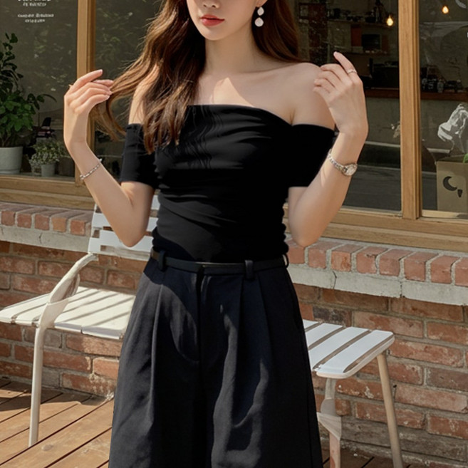 셔링 튜브탑 슬림핏 오프숄더 반팔 여성 티셔츠